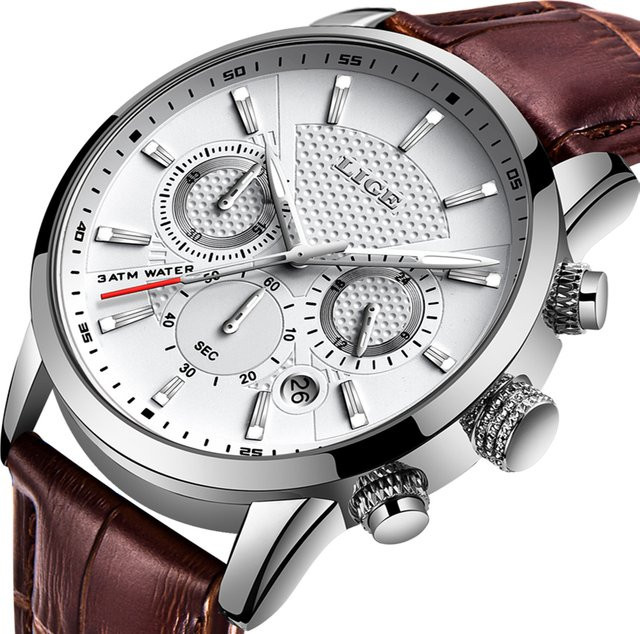 LIGE Armbanduhr Quarz, Leder, Silber, Herren, Datum - Bild 1