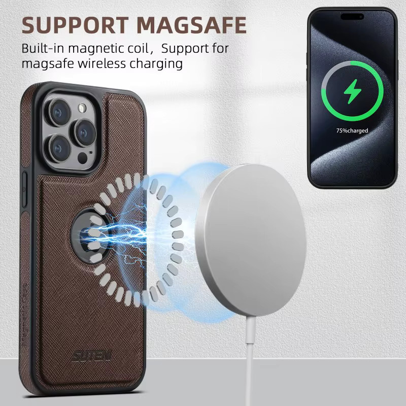 EUCAGR Luxus PU Leder Flip Case für iPhone 15 16 Pro Max 14 Plus 13 12 Pro mit MagSafe Magnet für kabelloses Laden in Blau und Braun - Bild 3