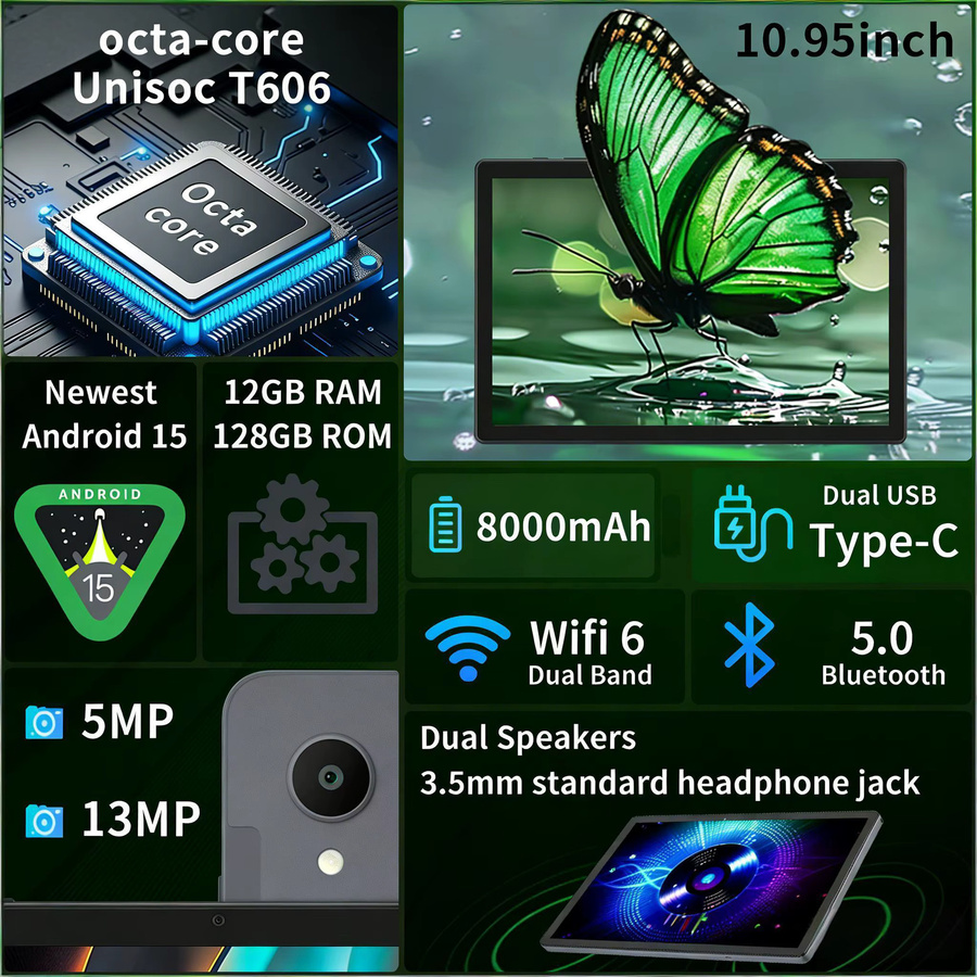 Paitanry Android 15 Tablet mit 10,95 Zoll IPS Display, 12GB RAM, 128GB ROM, Octa-Core Unisoc T606, 8000mAh Akku und WiFi 6 - Bild 5