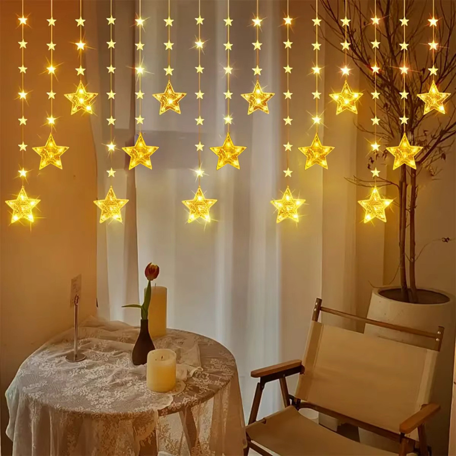 Peach Forest Solarbetriebene LED Vorhang-Lichterkette mit Sternen in Warmweiß, Wasserdicht, 120 LEDs - Bild 2
