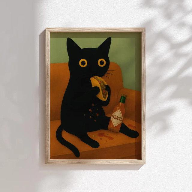 Verspielte Taco-Katzen Wandkunst von SHENCHEN in Orange und Grün auf Papier - Bild 1
