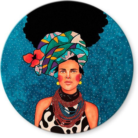 K&L Wall Art Glasbild Hülya Vintage Lady Retro Deko, blau/mehrfarbig, Durchmesser: 50 cm