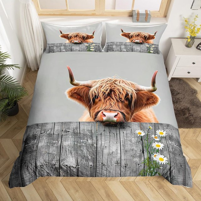 Binchi Outdoor Product Highland Cattle Bettwäsche-Set mit geometrischem Holzplanken-Design und Blumen, 3-teilig, Mehrfarbig, B/H: 140 x 200 cm - Bild 1