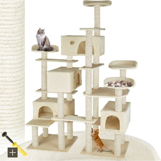 tectake Kratzbaum Entissar Beige mit 4 Katzenhäusern aus Sisal, H x B x T: 214 x 138 x 60 cm - Bild 1