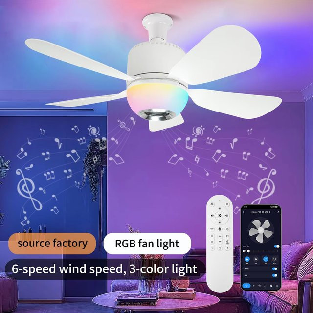 Ludengchaoshi RGB Intelligenter Deckenventilator mit E27-Lampenfassung, integriertem Lautsprecher und App-Steuerung, dimmbar, Weiß - Bild 1