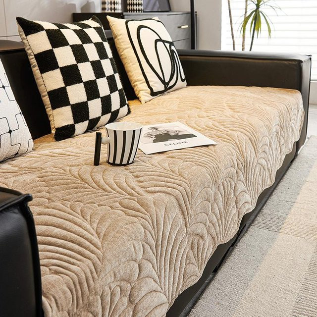 Rutschfeste Sofamatte aus Chenille mit Bananenblatt-Design in Beige, B/B/B: 70 x 70 x 70 cm - Bild 1
