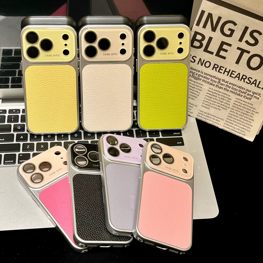 Apple Handyhülle aus PU-Leder in Litchi-Textur mit Linsenschutz und Stoßfänger für iPhone 17 16 15 14 Pro Max 13, Gelb - Bild 5