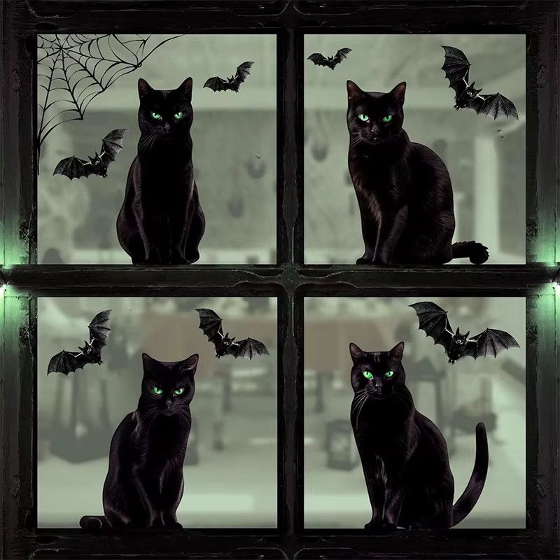 joy-enlife Halloween Fensteraufkleber Set mit schwarzer Katze, Spinnennetz und Fledermaus in Schwarz - Bild 2