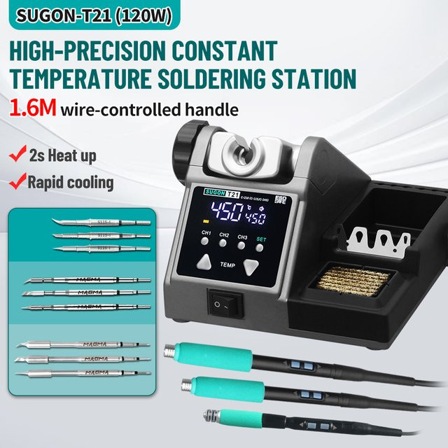 SUGON T21 120W Lötstation mit kabelgesteuertem Griff und Elektronik-Lötkolbenspitzen für BGA-Rework-Anwendungen - Bild 1