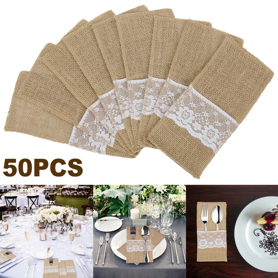 100 Stück Besteckbeutel aus Jute in Beige für Hochzeit, Geburtstag und Party - Bild 5
