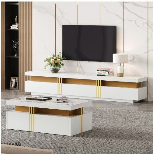 MUVOE Wohnzimmer Wandset in Weiß mit Marmoroptik und glänzender Oberfläche bestehend aus Wand-TV-Möbel und Couchtisch - Bild 1