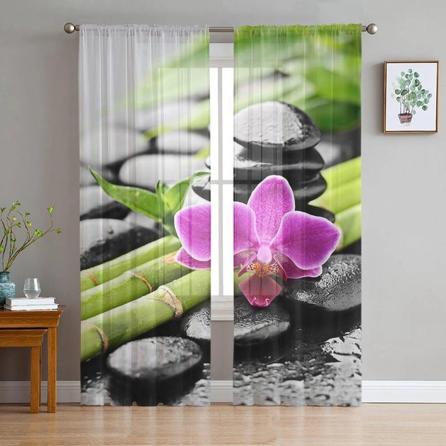 Transparenter Tüllvorhang Orchidee Tautropfen Zen Stein von A Family Of Home Textiles in Schwarz, Breite: 135 cm, Höhe: 114 cm - Bild 1