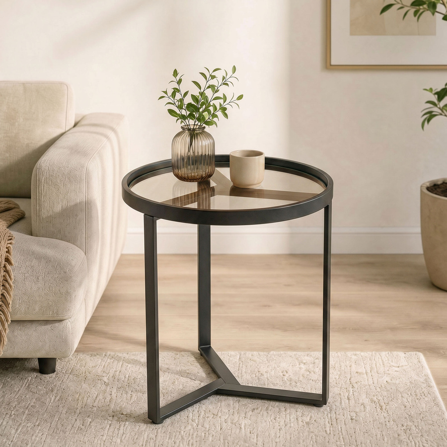HOMCOM Beistelltisch Runder Couchtisch mit gehärteter Glasplatte und geometrischem Metallgestell in Schwarz und Transparent, Durchmesser: 45 cm, Höhe: 45 cm - Bild 2