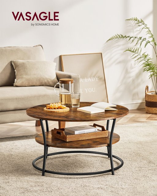 VASAGLE Couchtisch rund im Industrie-Design mit Ablage, Metall, Schwarz-Braun, Durchmesser: 80 cm, Höhe: 46,5 cm - Bild 1