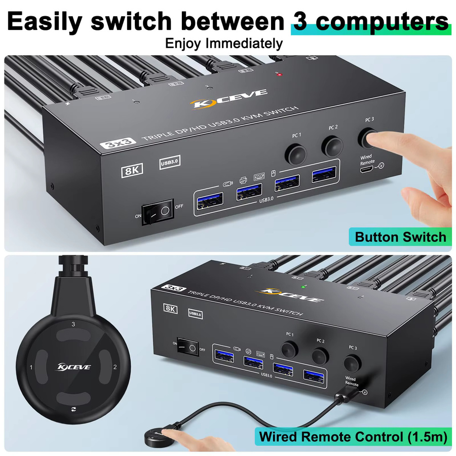 AIMOS KVM-Switch für 3 Computer und bis zu 3 Monitore mit 8K bei 60 Hz, HDMI und DisplayPort, Mixed Display Support, 4 USB 3.0 Anschlüsse, Schwarz - Bild 5