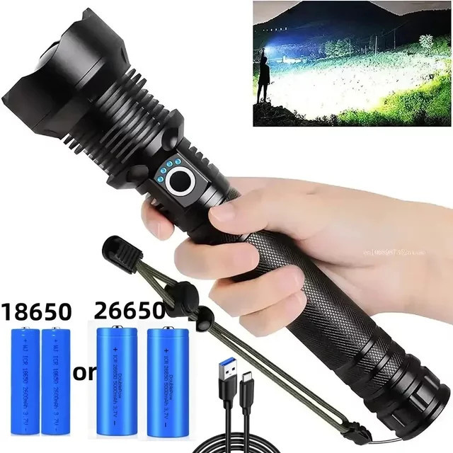 ESMARTER USB-LED-Taschenlampe mit XHP70.2 Zoom-Funktion, wiederaufladbare Campinglampe in Schwarz - Bild 1