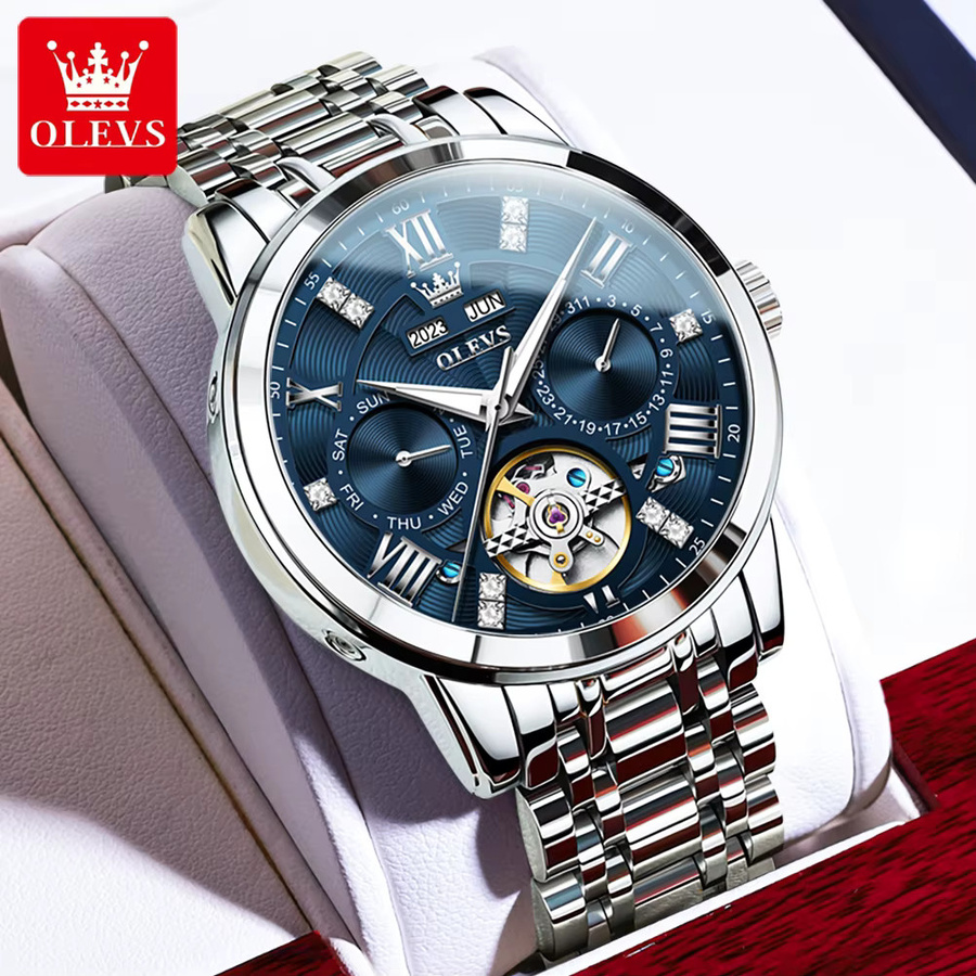 Olevs Armbanduhr Automatik, Skelett, Edelstahl, Herren, Blau, Silber - Bild 2