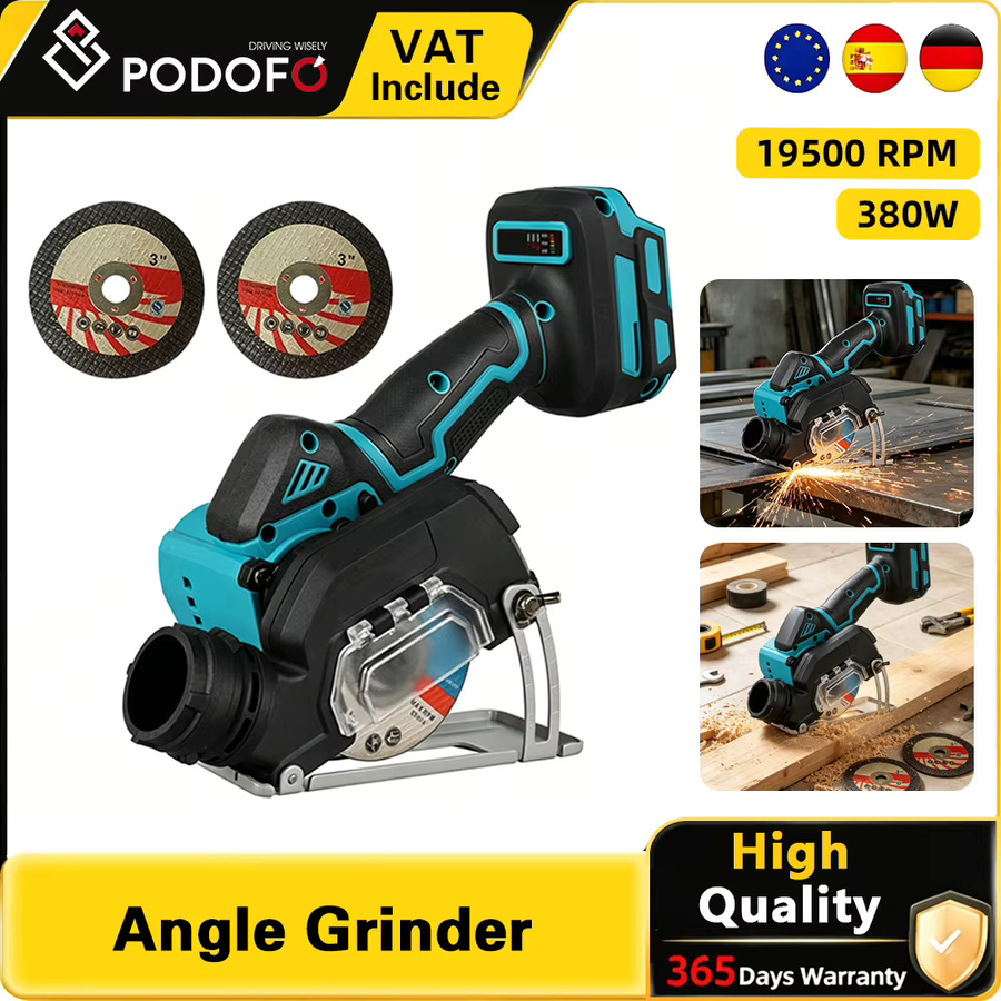 Podofo Akku-Mini-Winkelschleifer 21V 380W 19500RPM Schwarz mit Makita-Anschluss und 2 Trennscheiben für Metall, Holz und Stein - Bild 2