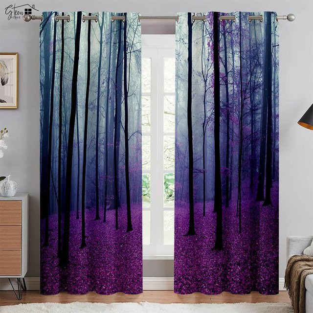 Yiran Furniture 2er-Set Vorhänge mit Waldlandschaft und Ahornblättern in Grün, semi-transparent, Polyester, Breite: 50 cm, Höhe: 130 cm - Bild 1