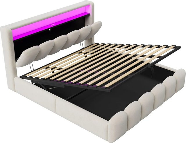 okwish Doppelbett mit LED, USB-Anschluss und Hydraulik-Stauraum in Beige, B/T/H: 180 x 200 x 110,5 cm - Bild 1