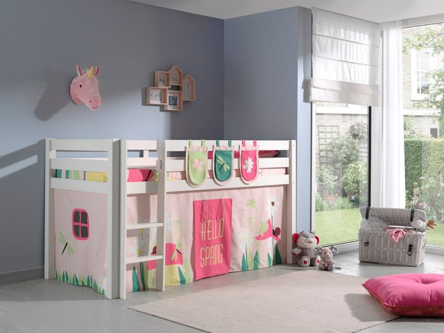 Vipack Spielbett Pino Kinderbett aus massiver Kiefer in Weiß mit Vorhang und 3 Taschen im Dessin Spring - Bild 1