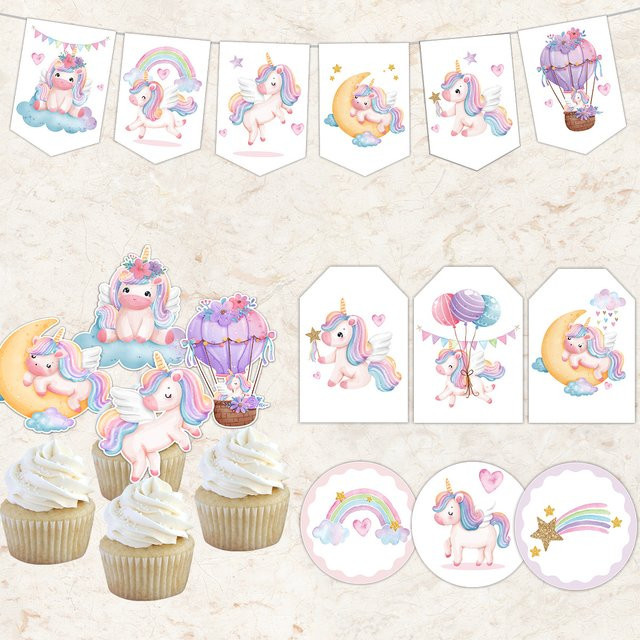 Einhorn Serie Party Dekoration Set mit Cupcake Toppern, Aufklebern und Hanging Tags aus Papier in Mehrfarbig für Baby Shower und Geburtstag - Bild 1