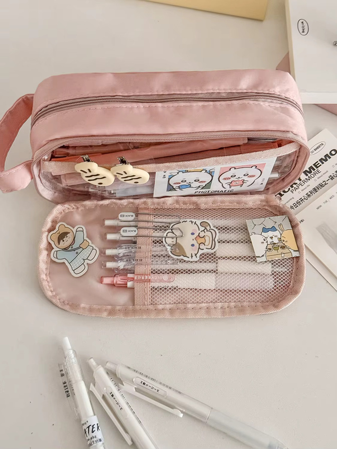 Großräumiges mehrschichtiges Federmäppchen mit Fächern und Partitionierung für Schüler in Schwarz oder Pink - Bild 1