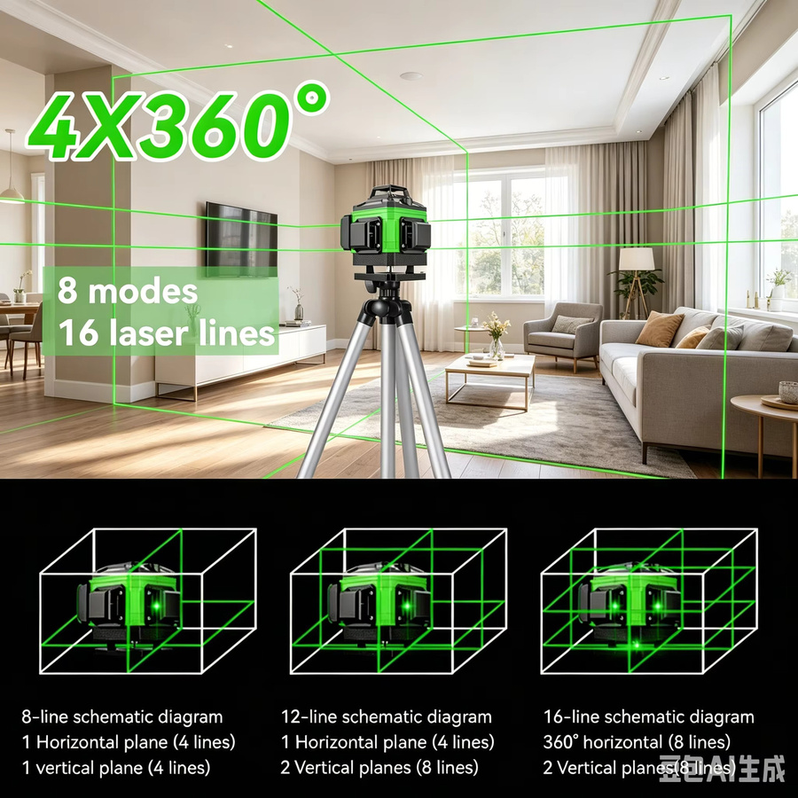4D 16-Linien Grüner Laser-Nivellierer mit 3x360 Grad und automatischer Selbstnivellierung, USB-aufladbar - Bild 3