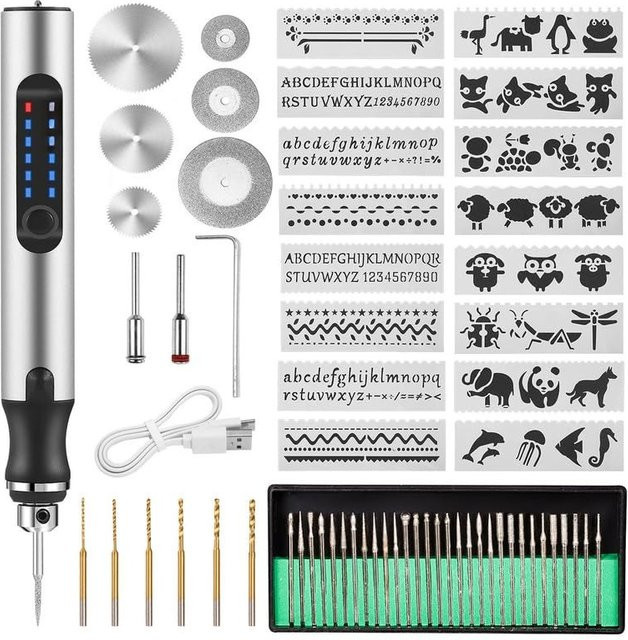 XMSJ USB wiederaufladbarer Gravurstift mit 42 Bits als tragbares Mini-Elektro-DIY-Drehwerkzeug in Gold und Silber - Bild 1