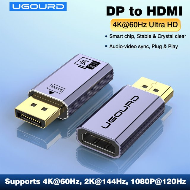 UGOURD DisplayPort 1.2 auf HDMI 2.0 Adapterkabel in Silber für 4K 60Hz und 2K 144Hz Video und Audio Sync - Bild 1