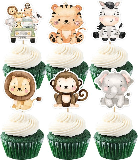 24er Set Wildtier Kuchen Topper für Kinder Geburtstag Party Dekoration im Dschungel Safari Wald Design, Mehrfarbig - Bild 1