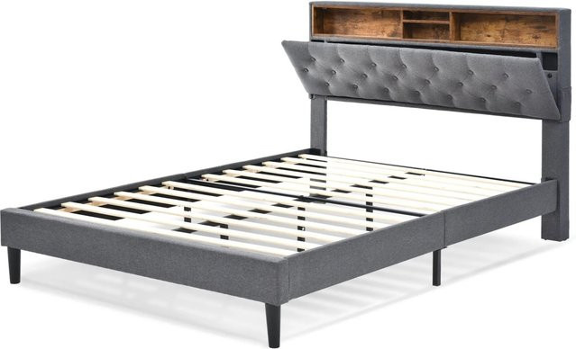 okwish Polsterbett Grau mit LED-Kopfteil und Stauraum inklusive Matratze B/T/H: 149 x 140 x 214 cm - Bild 1