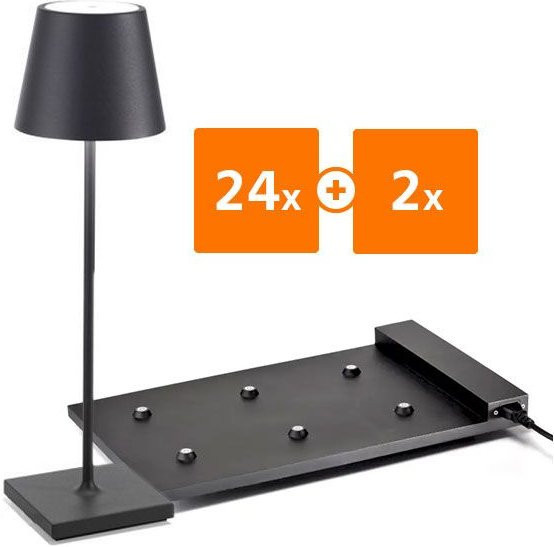 Zafferano Poldina Pro LED-Akkuleuchten Set mit 24 dimmbaren Tischleuchten und 2 Multikontakt-Ladestationen in Dunkelgrau und Schwarz - Bild 1