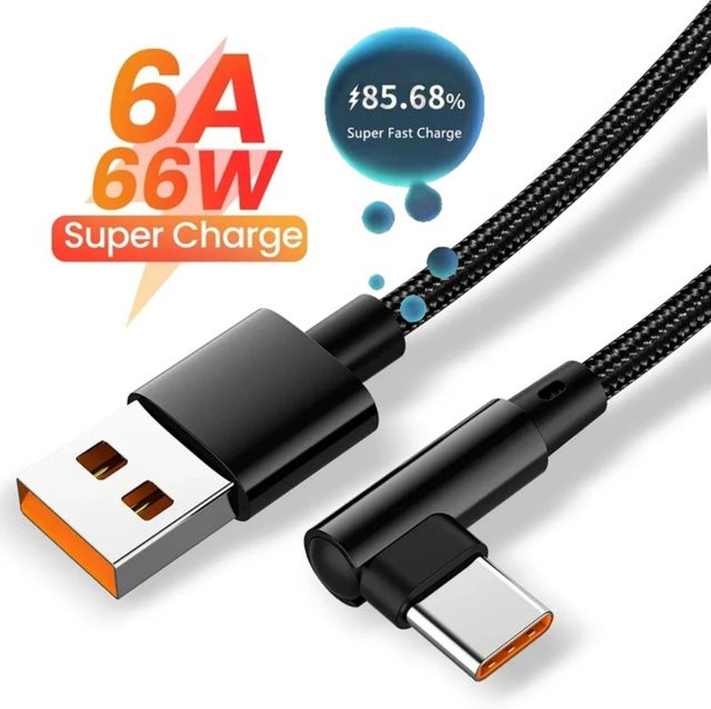 USB Typ C Schnellladekabel mit 90 Grad Winkel für Gaming, 6A 66W, in Rot oder Schwarz - Bild 1