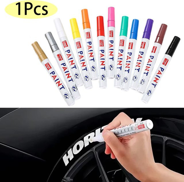 Permanenter Autolack Stift für Reifen, Gummi und Metall, wasserfest und fettbeständig, Farbe: Weiß oder Mehrfarbig - Bild 1