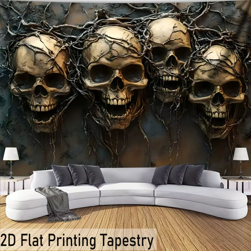 VIKAMA Wandteppich mit Totenkopf und Totenranken im Vintage-Stil mit 3D-Design als Wandbehang für dein Wohnzimmer oder Schlafzimmer - Bild 5