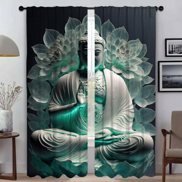 Indische Buddha-Vorhänge für dein Wohnzimmer, 2 Paneele, halbtransparent, Mehrfarbig, Breite: 50 cm, Höhe: 70 cm - Bild 1