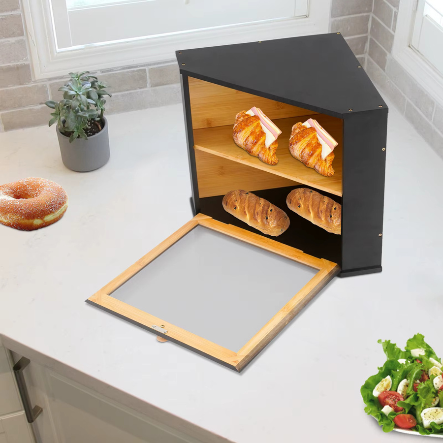 Bymaocar 2-stufiger Bambus-Brotkasten mit transparentem Fenster in Braun, dreieckige Brot-Aufbewahrungsbox für die Küchenarbeitsplatte, B/T/H: 32 x 32 x 34 cm - Bild 1