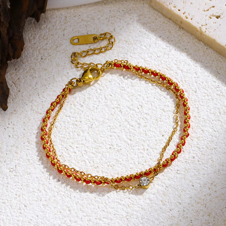 Doppelschichtiges Armband, rote Schnur, Zirkon, Edelstahl, Damen - Bild 2