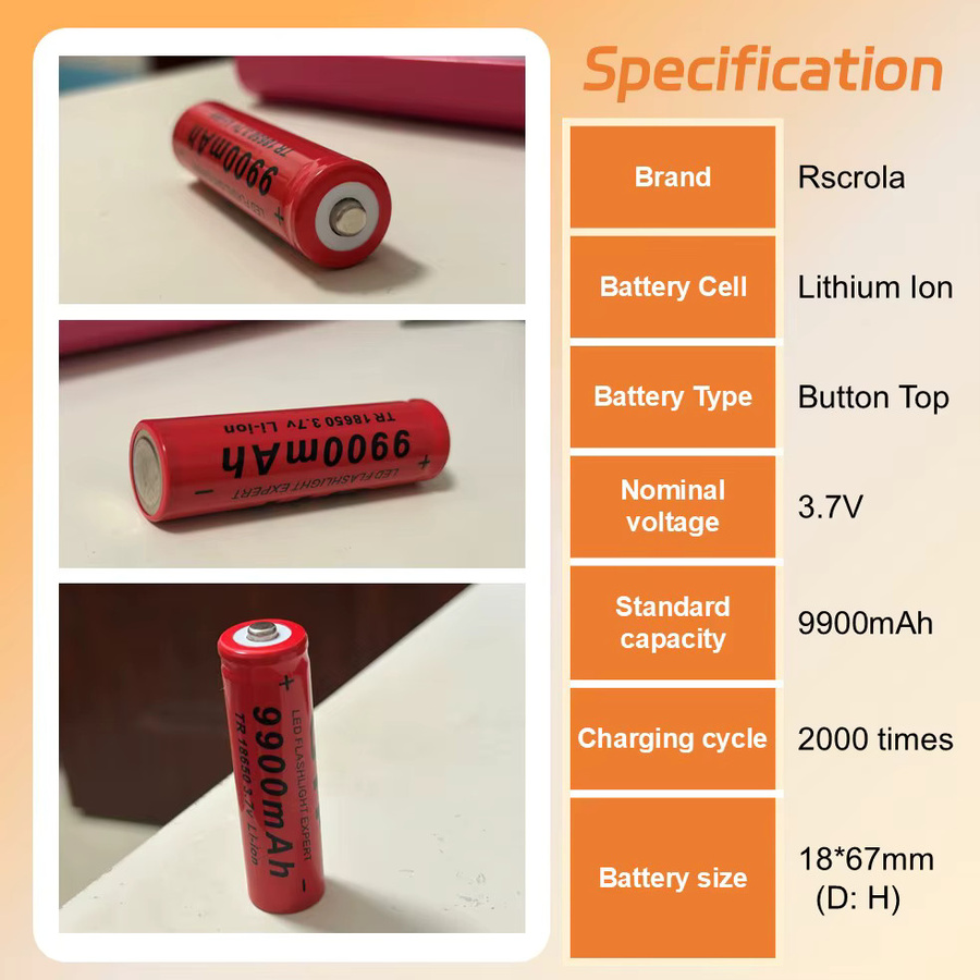 Rscrola Button Top 18650 Li-Ionen-Akku mit Ladegerät, 9900 mAh, Rot - Bild 3