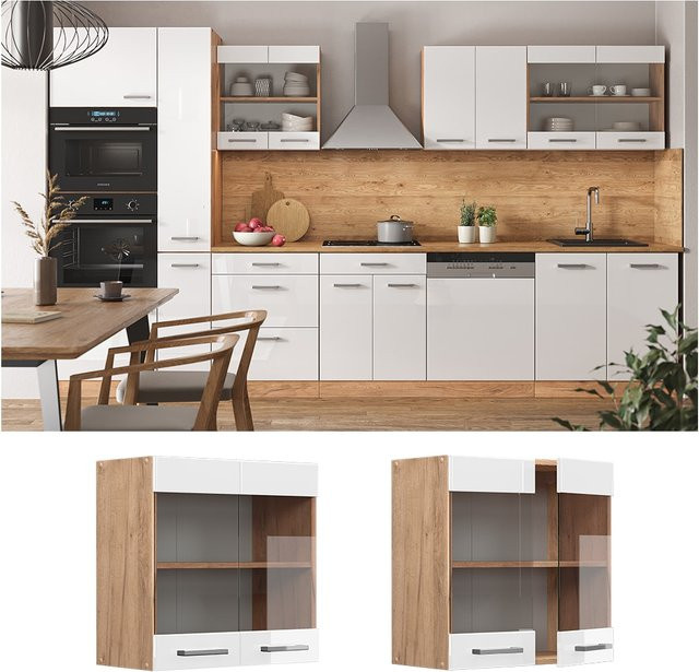 Vicco R-Line Hängeglasschrank für die Küche in Weiß Hochglanz und Eiche mit Glastüren und Regalfächern, Breite: 60 cm, Höhe: 60 cm, Tiefe: 31 cm - Bild 1