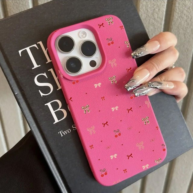 Stoßfeste Handyhülle mit Kirsche und süßer Schleife im Lichee-Muster für iPhone 13 14 15 16 17 Pro Max und weitere Modelle, Farbe: Pink - Bild 1