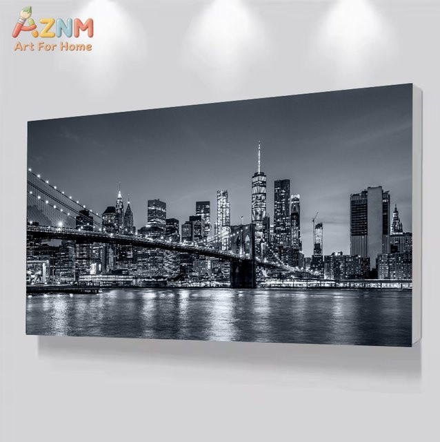AZNM Leinwand-Wandbild New Yorker Skyline mit Brooklyn Bridge in Schwarz-Weiß, modernes Stadtmotiv ohne Rahmen - Bild 1