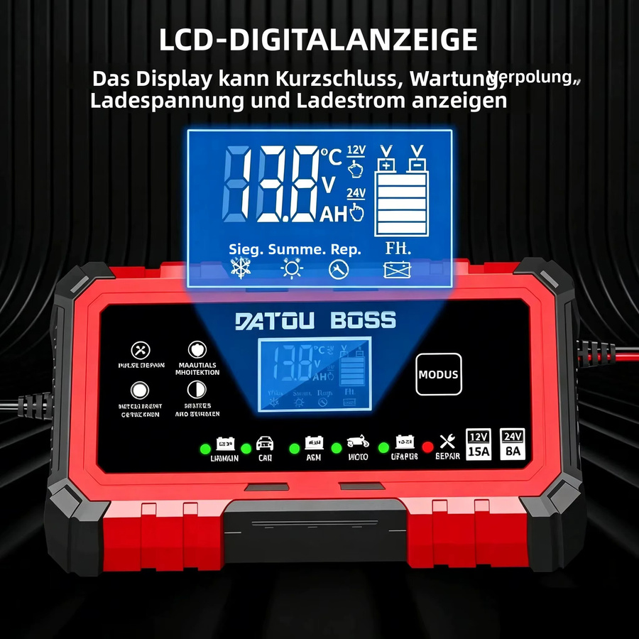 DATOUBOSS Intelligentes Batterieladegerät für 12V/24V Blei-Säure, AGM, GEL und LiFePO4 Batterien in Rot - Bild 2