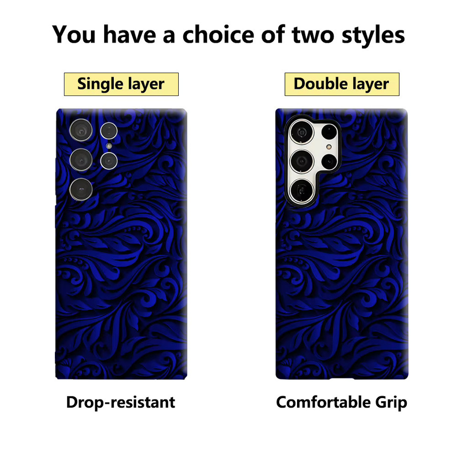 Samsung Handyhülle mit tiefblauem floralem Wirbel-Design und glänzender doppellagiger Rückseite für Galaxy S25 Ultra, S24 und S23 Ultra Plus - Bild 2