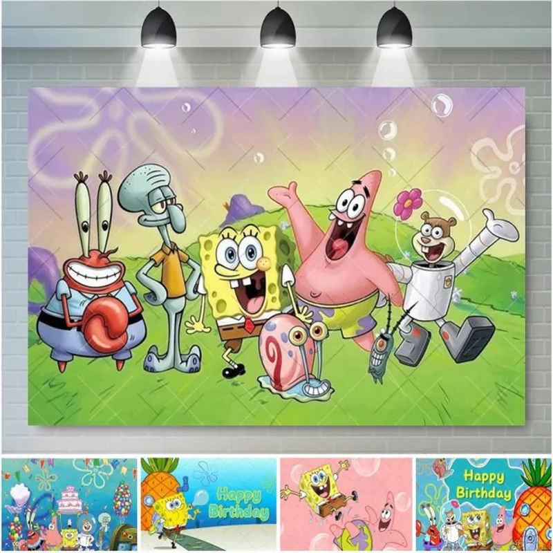 Potdemiel SpongeBob Cartoon Fotohintergrund für Babyparty und Geburtstag, mehrfarbig, rechteckig, B: 90 cm, H: 60 cm - Bild 1
