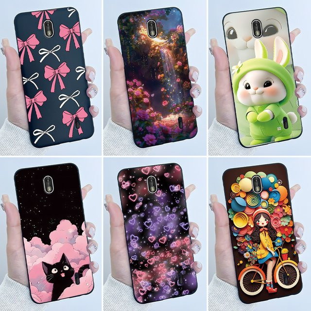 Matte TPU-Handyhülle für Nokia 1 Plus, 2, 2.1 und 2.2 in Schwarz mit süßem Kaninchen- und Katzen-Design - Bild 1
