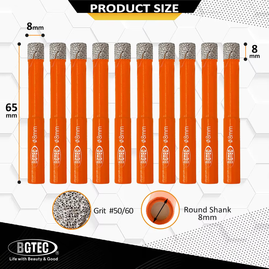 BGTEC Diamantbohrer Set mit rundem Schaft, 10 Stück, 8 mm, für Keramikfliesen, Granit, Marmor und Mauerwerk, orange - Bild 2