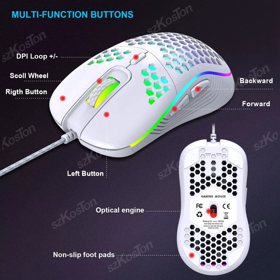 SZKOSTON RGB-Gaming-Maus mit Kabel, ergonomisches Design, 7200 DPI, Hintergrundbeleuchtung, Schwarz/Weiß - Bild 5