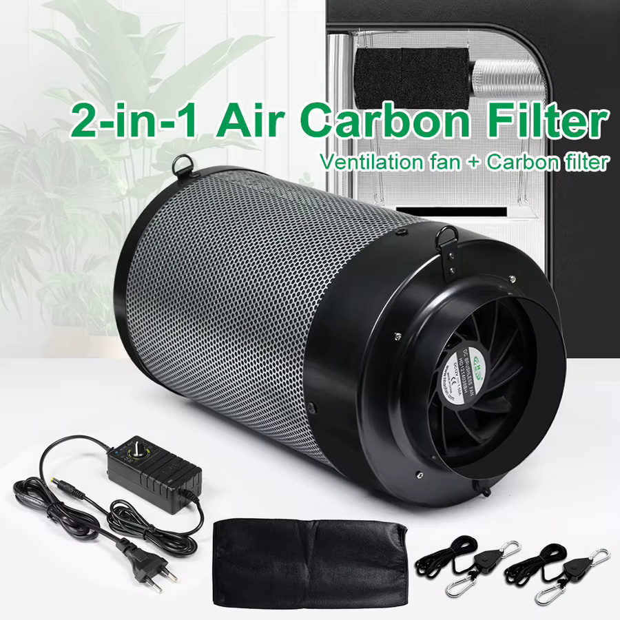 TRANYTON 2-in-1 Aktivkohle-Luftfilter-Set mit Geschwindigkeitsregelung für Indoor-Grow-Zelte und Hydroponik-Gewächshäuser, Schwarz, Metall - Bild 6
